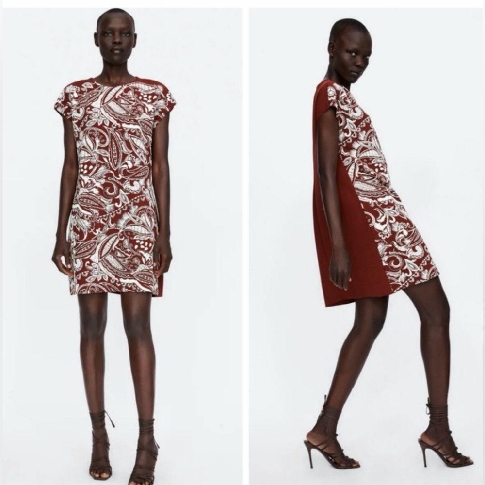 Zara Paisley Print Short Sleeve Shift Dress in Rust Size Medium